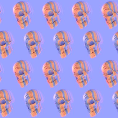 Açık mor arkaplanda bir dizi çok renkli şeritten oluşan 3D renkte kafatasları. Çarpıcı görsel efekt. Dijital illüstrasyon