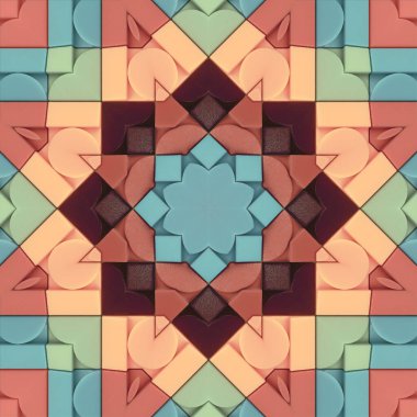 Birbirine kenetlenmiş şekillerden oluşan simetrik bir geometrik desen canlı ve çeşitli renk paleti ile kaleydoskopik bir etki yaratıyor. Temiz, modern bir estetik. 3d resimleme