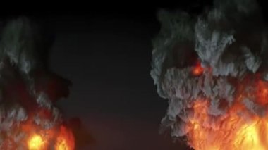 Parlak alevlerin dijital animasyonu ve koyu duman bulutları. Karanlık arka planda dinamik ateş ve duman hareketlerini gösteren gerçekçi detaylar. Dramatik görsel efekt. 3D görüntüleme 4K