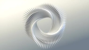 Moebius halkası şeklindeki beyaz soyut bir figürün dijital döngü animasyonu pürüzsüz ve girdap şeklinde bir araya getirilmiş pek çok keskin çıkıntıdan oluşur. 3D görüntüleme 4K