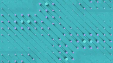 Yeşil arkaplandaki üç boyutlu rengarenk kürelerin dijital, dikişsiz döngü animasyonu. Görsel olarak çekici ve dinamik simetrik bileşim. 4K, Ultra HD çözünürlüğü