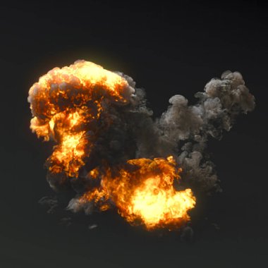 Büyük gerçekçi patlama, parlak alevler ve siyah arka planda dalgalanan duman, çarpıcı bir çekim. 3d dijital resimleme