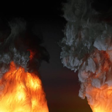 Parlak alevlerin dijital çizimi ve koyu duman bulutları. Gerçekçi detaylar, arka planda ateşin ve dumanın dinamik hareketini gösteriyor. Dramatik görsel efekt. 3d oluşturma