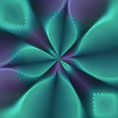 Soyut simetrik dairesel bileşim, mor ve yeşil eğimli renkli geometrik şekillerin dalga desenleri. 3d dijital resimleme