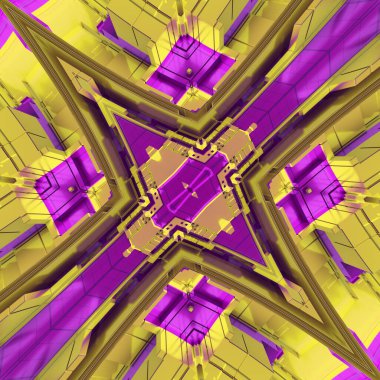 Abstract digital illustration depicting a fragment of a fantastic symmetrical system in yellow and purple colors. Contemporary urban aesthetic. 3d rendering clipart