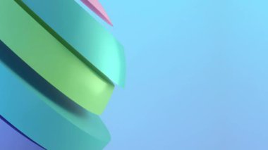 Mavi, yeşil ve pembe renkli ayrı katmanlı hacimli bir kürenin renkli animasyonu. Işık arka planı kompozisyonun saflığını ve minimalizmini vurgular. 3D görüntüleme 4K