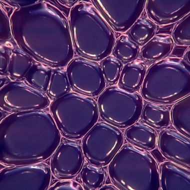 Parlayan mor baloncuklu soyut dijital arkaplan. Karmaşık detaylar ve mor sıvının büyüleyici desenleri. 3d oluşturma