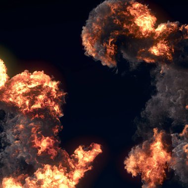 Koyu arkaplanı parlak alevlerle dolduran ateş patlamalarının dijital çizimi. 3d oluşturma