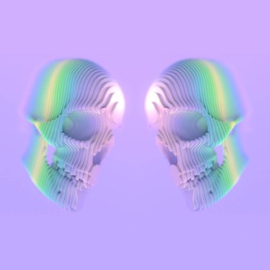 Mor arkaplandaki renkli çizgilerden oluşan katmanlı gökkuşağı kafataslarının büyüleyici üç boyutlu dijital çizimi