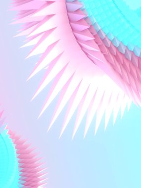 Digital illustration of a spiral figure in the form of a Mebius ring, consisting of many sharp pink and blue pyramids. 3d rendering clipart