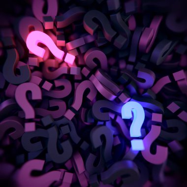 Dağılmış üç boyutlu soru işaretlerinin soyut çizimi koyu pembe-mor bir palette, neon mavisi tonlarda parlayan bir işaretle tamamlanmış. 3d oluşturma