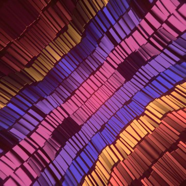 Koyu dikdörtgenlerin parlak metalik çizgilerinin soyut dalga çizimi. Simetrik bileşim. 3d oluşturma