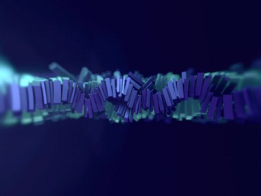 Mavi-yeşil renkli parlak metalik dikdörtgenlerin dijital çizimi koyu mavi arkaplanda yatay bir çizgi oluşturuyor. 3d oluşturma