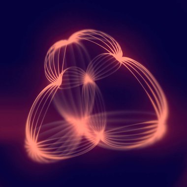 Soyut dijital kompozisyon oval düz şekilli ince çizgilerden yapılmış koyu mavi arka planda yumuşak turuncu ışık parlayan. Karşıtlık gizemli bir etki yaratıyor. 3d oluşturma