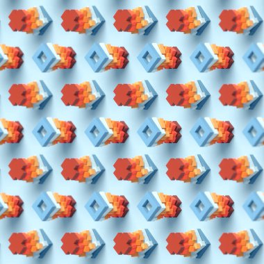 Abstract colorful composition of vertical figures transforming into a sequence of crosses and empty squares. Orange and blue tones enhance the sense of brevity and visual rigor. 3d rendering clipart