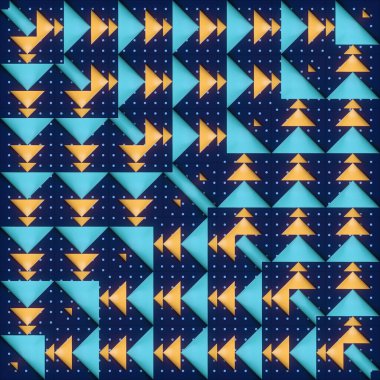 Abstract illustration of orange and blue triangles on a navy blue background. Symmetry and changing shapes add rhythm and illusion. 3d rendering clipart