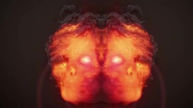Parlak ateş dilleri ve karanlık arka planda dalgalanan dumandan oluşan iki insan kafatasının büyüleyici simetrik animasyonu. 3D görüntüleme. 4K, Ultra HD çözünürlüğü