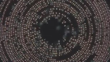 Dinamik bir girdap içinde 0 ve 1 numaralı veri döngüsü animasyonu. Karanlık arkaplan sembollerin yumuşak parıltısıyla çelişiyor ve dijital sonsuzluğun atmosferini oluşturuyor. 3D görüntüleme 4K