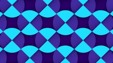 Dinamik olarak değişen geometrik örüntünün soyut, dikişsiz döngü animasyonu. Karşıt sektörlere bölünmüş parlak mavi yarı daireler koyu mor bir arka planda dönüşür. 3D görüntüleme 4K