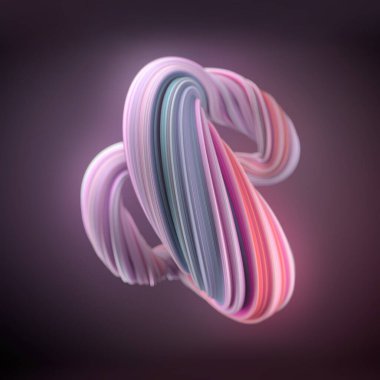 Renkli desenli iç içe geçmiş kurdelelerden oluşan üç boyutlu bir şekil tasviri. Pembe, mor ve nane renkleri yumuşak bir parıltı yaratır. 3d oluşturma