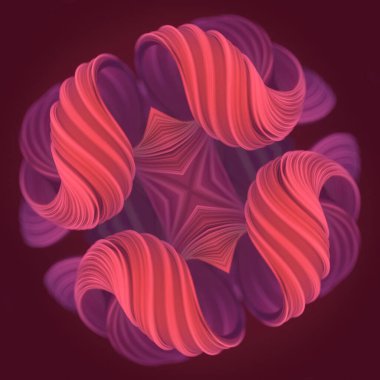 Uzayda nazikçe kıvrılan zarif dalgalanan yapılara sahip dinamik bir çizim. Pembe ve mor renkler formun akıcılığını vurgular. Simetri ve minimalizm. 3d oluşturma