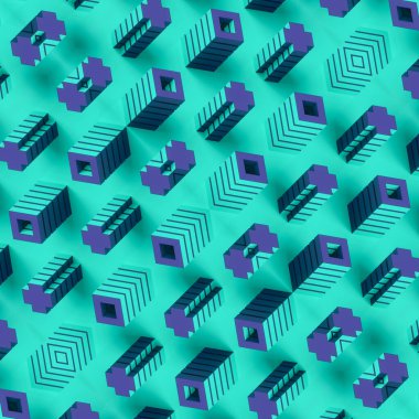 Alternatif haçların ve dikey sırayla yükselen boş karelerin ritmik simetrik yapısı. Minimalizm geometrik şekiller ve mor ve mavi palet ile ifade edilir. 3d oluşturma