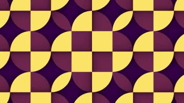 Sari ve mor yari dairelerin soyut desenleri sersemletici bir sekilde dizilmis. Nesnelerin ritmik dönüşümü optik bir illüzyon yaratır. Dijital dikişsiz döngü animasyonu. 3d oluşturma