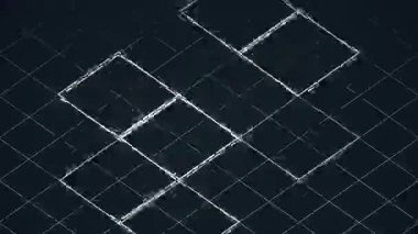 Karanlık bir arkaplanda geometrik şekillerin dinamik dönüşümü. Parlak beyaz çizgiler, pürüzsüz bir şekilde değişen simetrik eşkenar dörtgen deseni oluşturur. 3d kusursuz döngü animasyonu 4K