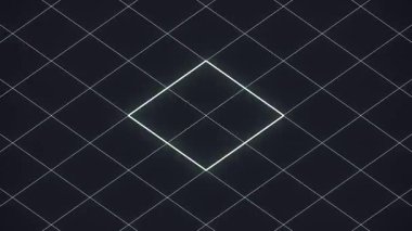 Beyaz parlayan çizgilerin geometrik simetrik desenleri oluşturduğu, elmaslardan oluşan bir ızgarada düzenlenmiş soyut, dikişsiz döngü animasyonu. Arkaplan karartılmış. Optik yanılsama. 3D görüntüleme 4K