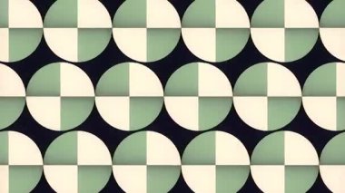 Tekrarlayan yeşil ve beyaz dairelerin dört parçaya bölünmüş geometrik desenli dijitalsiz döngü animasyonu. Yumuşak ve sakin renkler koyu mavi arkaplanla tezat oluşturur. 3D görüntüleme 4K