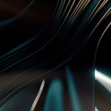 Alan etkisinin derinliğine sahip metalik parlak koyu renkli kumaştan oluşan soyut çizgiler. 3d dijital resimleme