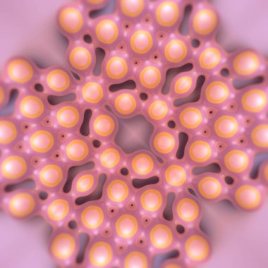 Küresel desenlerin akışkan bir şablon oluşturduğu soyut bir dijital bileşim. Yumuşak pembe-turuncu renkli inci rengi yüzey hipnotik bir etki yaratıyor. 3d oluşturma
