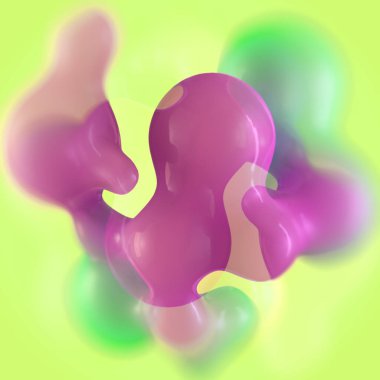 Yeşil-mor gradyanlı sıvı damlalarının dijital çizimi. Işık arkaplanı akıcılık duygusunu arttırır, bileşimi havadar ve dinamik yapar. 3d oluşturma