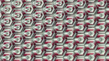 Değişen kübik elementlerin geometrik döngü animasyonu karmaşık bir şablon oluşturuyor. Kenarları temiz, minimalist tarzda. Renklerin canlı kombinasyonu. 3D görüntüleme 4K