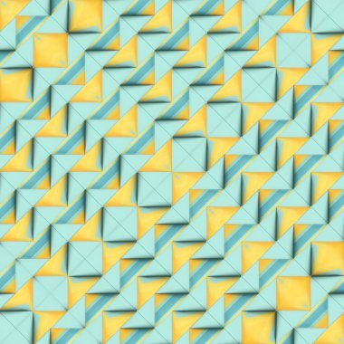 Açık mavi arka planda sarı-mavi koni desenli bir resim. Simetri, parlaklık ve modern stil optik illüzyon etkisini vurgular. 3d oluşturma