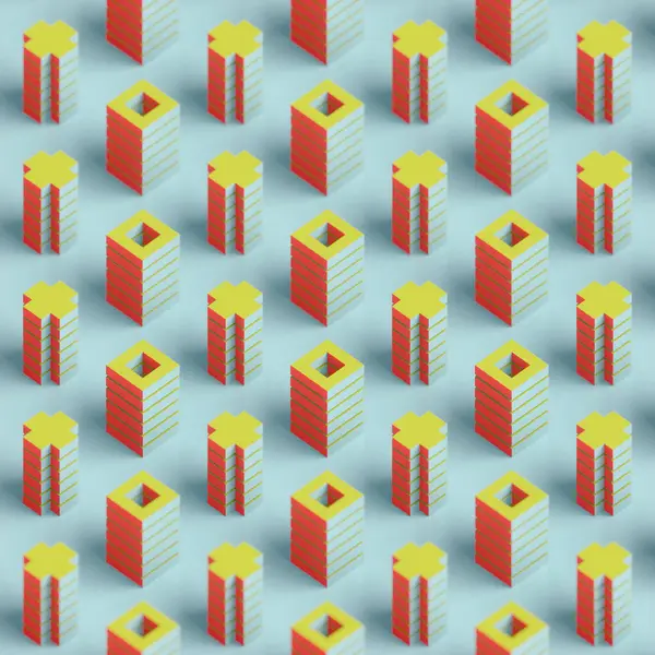 Dönüşümlü haçlar ve içi boş kareler şeklinde dikey şekillerin bileşimi. Kırmızı, mavi ve yeşil renkli geometrik şekiller uyum ve hassasiyetin optik etkisini yaratır. 3d oluşturma