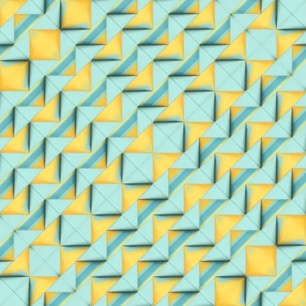 Açık mavi arka planda sarı-mavi koni desenli bir resim. Simetri, parlaklık ve modern stil optik illüzyon etkisini vurgular. 3d oluşturma