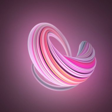 Pembe, mor ve mavi tonları olan bükülmüş kurdelelerden oluşan soyut bir figür. Fütürist tarzda dinamik bir kompozisyon. 3d dijital resimleme