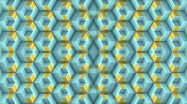 Katmanlı kübik şekillerin sabit bir dönüşüm içinde olduğu geometrik simetrik bir desenin prosedür olarak oluşturulmuş bir döngü animasyonu. Canlı maviler ve sarılar dalgalanma etkisi yaratır. 3D görüntüleme 4K