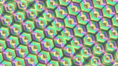 Dinamik olarak değişen altıgen şekillerin simetrik geometrik desenlerinin döngü animasyonu. Parlak renkler zengin bir görsel etki yaratır. 3D görüntüleme 4K