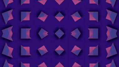 Mavi ve pembe tonlarında koyu mavi arkaplanda çoklu geometrik şekillerin dinamik ve soyut simetrik bileşimi. Her elementin dahili renkli çizgileri vardır. 3d canlandırma döngüsü 4K