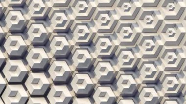 Dinamik bir şekilde değişen kübik yapıların soyut bir kalıbının döngü animasyonu. Tarafsız, tek renkli gri ve bej paleti olan dik bir projeksiyon. 3D görüntüleme 4K