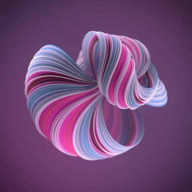 Soyut bir figürün dijital çizimi. Renkli dokuya sahip pek çok kıvrımlı şeritten oluşmuş. Renk paleti pembeler, morlar ve mavileri içerir. 3d oluşturma