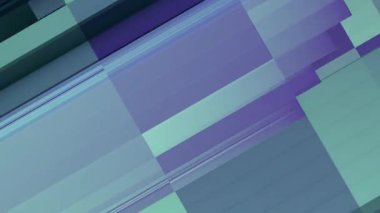 İzometrik sırayla dizilmiş hareket eden dikdörtgenlerin döngü animasyonu. Soğuk maviler, morlar ve yeşiller baskın gelir. Karmaşık bir doku oluşturmak için farklı genişlikte şeritler üst üste biniyor. 3D görüntüleme 4K
