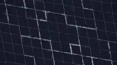 Beyaz parlayan dikdörtgen hatlarının tek bir bileşim oluşturduğu dijital dikişsiz döngü animasyonu, hareketin optik etkisini yaratır. Karanlık arka plan. 3D görüntüleme 4K