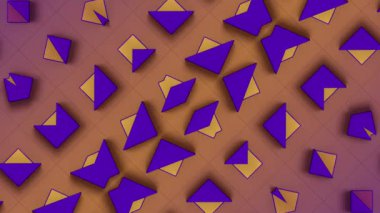 Dönen ve dönüşen üçgenlerin minimalist operasyon sanatı animasyonu. Parlak renk paleti dinamiği ve görsel ritmi vurgular. Simetrik bileşim. 3D görüntüleme 4K