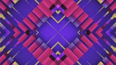 Simetrik geometrik çizgi hareketi olan soyut, kaleydoskopik bir arkaplan. Mor, pembe ve altından parlak bir palet. Modern sanat deco tarzında dinamik, pürüzsüz, döngülü bir animasyon. 3D görüntüleme 4K