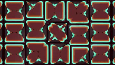 Retro-stil şekillerin kaleydoskobu. Kusursuz döngülü 4K animasyon. Parlak turkuaz aksanlı kahverengi ve turuncu tonlar. VJ setleri ve yaratıcı projeler için şık bir klasik arka plan. 3d oluşturma