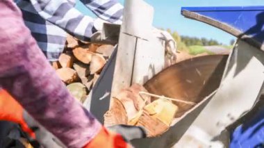 Almanya 'da odun kesmek için odun kesen dairesel testerenin yakın çekim görüntüleri