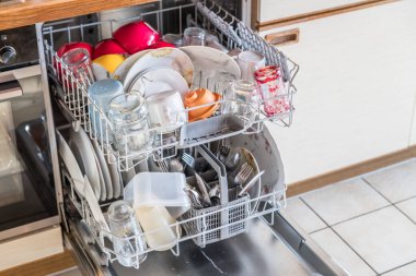 Mutfakta bulaşık makinesini, bardakları, çatal bıçakları, çatal kaşıkları, Almanya 'da bulaşık makinesini kapatın.